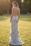 Silver High Neck Appliqued Mermaid Cut Out Long Prom Dress
