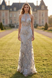 Silver High Neck Appliqued Mermaid Cut Out Long Prom Dress