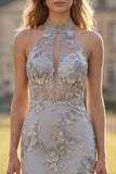 Silver High Neck Appliqued Mermaid Cut Out Long Prom Dress