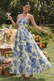 Blue Daffodil Flower Strapless A Line Midi Wedding Guest Dress
