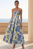 Blue Daffodil Flower Strapless A Line Midi Wedding Guest Dress