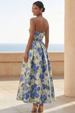 Blue Daffodil Flower Strapless A Line Midi Wedding Guest Dress