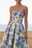 Blue Daffodil Flower Strapless A Line Midi Wedding Guest Dress