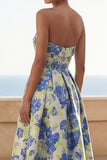 Blue Daffodil Flower Strapless A Line Midi Wedding Guest Dress