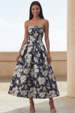 Blue Daffodil Flower Strapless A Line Midi Wedding Guest Dress