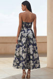 Blue Daffodil Flower Strapless A Line Midi Wedding Guest Dress