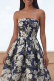 Blue Daffodil Flower Strapless A Line Midi Wedding Guest Dress