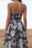Blue Daffodil Flower Strapless A Line Midi Wedding Guest Dress