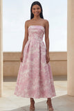 Blue Daffodil Flower Strapless A Line Midi Wedding Guest Dress