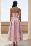 Blue Daffodil Flower Strapless A Line Midi Wedding Guest Dress