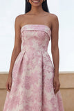 Blue Daffodil Flower Strapless A Line Midi Wedding Guest Dress