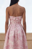 Blue Daffodil Flower Strapless A Line Midi Wedding Guest Dress