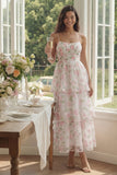 Yellow Floral A Line Spaghetti Straps Tiered Wedding Guest Dress with Ruffles