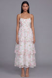 Yellow Floral A Line Spaghetti Straps Tiered Wedding Guest Dress with Ruffles