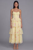 Yellow Floral A Line Spaghetti Straps Tiered Wedding Guest Dress with Ruffles