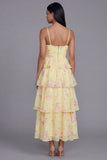 Yellow Floral A Line Spaghetti Straps Tiered Wedding Guest Dress with Ruffles