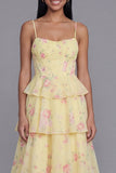 Yellow Floral A Line Spaghetti Straps Tiered Wedding Guest Dress with Ruffles