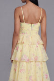 Yellow Floral A Line Spaghetti Straps Tiered Wedding Guest Dress with Ruffles