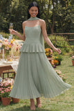 Dusty Sage Strapless A Line Ruffles Pleated Wedding Guest Dress with Sash