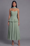 Dusty Sage Strapless A Line Ruffles Pleated Wedding Guest Dress with Sash