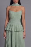 Dusty Sage Strapless A Line Ruffles Pleated Wedding Guest Dress with Sash