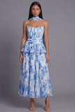 Dusty Sage Strapless A Line Ruffles Pleated Wedding Guest Dress with Sash