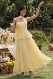 Dusty Sage Strapless A Line Ruffles Pleated Wedding Guest Dress with Sash