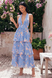 Halter Blue Floral A Line Tiered Ruffle Midi Wedding Guest Dress with Back Bow