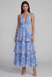 Halter Blue Floral A Line Tiered Ruffle Midi Wedding Guest Dress with Back Bow