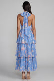 Halter Blue Floral A Line Tiered Ruffle Midi Wedding Guest Dress with Back Bow