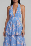 Halter Blue Floral A Line Tiered Ruffle Midi Wedding Guest Dress with Back Bow