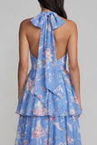 Halter Blue Floral A Line Tiered Ruffle Midi Wedding Guest Dress with Back Bow