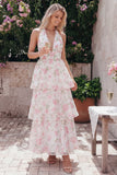 Halter Blue Floral A Line Tiered Ruffle Midi Wedding Guest Dress with Back Bow