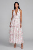 Halter Blue Floral A Line Tiered Ruffle Midi Wedding Guest Dress with Back Bow