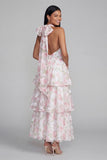 Halter Blue Floral A Line Tiered Ruffle Midi Wedding Guest Dress with Back Bow