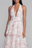 Halter Blue Floral A Line Tiered Ruffle Midi Wedding Guest Dress with Back Bow