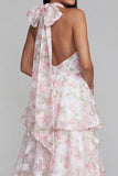 Halter Blue Floral A Line Tiered Ruffle Midi Wedding Guest Dress with Back Bow