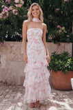White Pink Flower Strapless A Line Tiered Ruffle Midi Wedding Guest Dress with Sash
