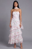 White Pink Flower Strapless A Line Tiered Ruffle Midi Wedding Guest Dress with Sash