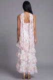 White Pink Flower Strapless A Line Tiered Ruffle Midi Wedding Guest Dress with Sash