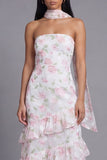 White Pink Flower Strapless A Line Tiered Ruffle Midi Wedding Guest Dress with Sash