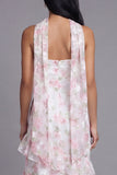 White Pink Flower Strapless A Line Tiered Ruffle Midi Wedding Guest Dress with Sash