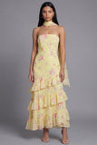 White Pink Flower Strapless A Line Tiered Ruffle Midi Wedding Guest Dress with Sash