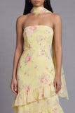 White Pink Flower Strapless A Line Tiered Ruffle Midi Wedding Guest Dress with Sash