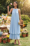 Sky Blue A Line Pleated Ruffle Midi Wedding Guest Dress