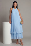 Sky Blue A Line Pleated Ruffle Midi Wedding Guest Dress