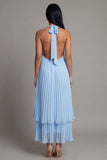 Sky Blue A Line Pleated Ruffle Midi Wedding Guest Dress