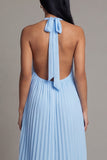 Sky Blue A Line Pleated Ruffle Midi Wedding Guest Dress