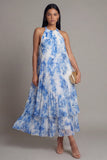 Sky Blue A Line Pleated Ruffle Midi Wedding Guest Dress