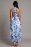 Sky Blue A Line Pleated Ruffle Midi Wedding Guest Dress